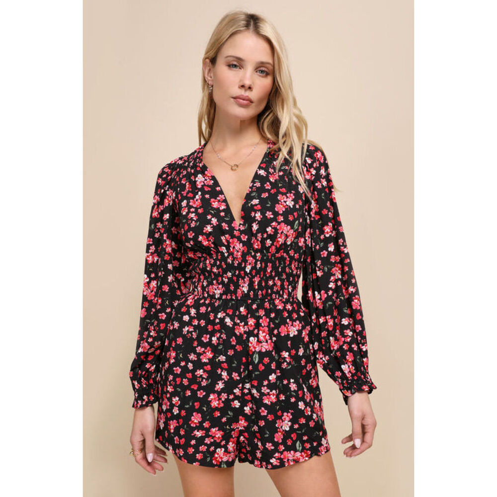 Lulus Ready To Blossom Black Floral Backless Long Sleeve Romper - Size S